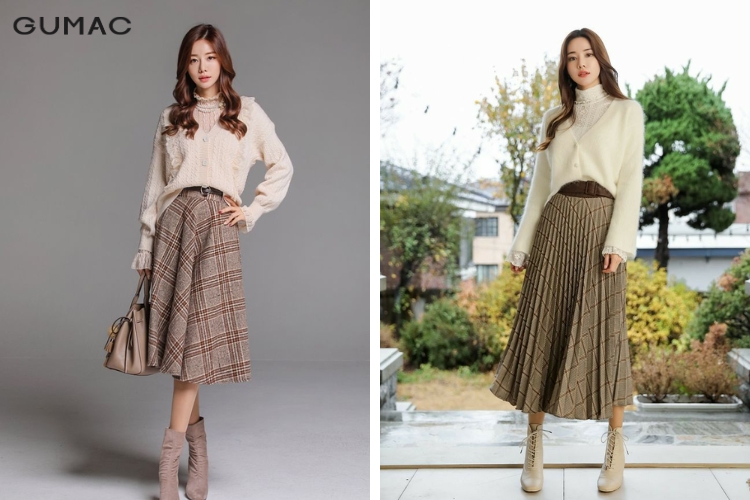 Váy chất liệu dạ dài xếp ly